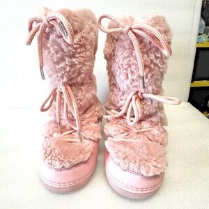 Pink Faux Fur Snow Boots Size 41/42  (US 10.5-11) Plush Cozy Lace Up